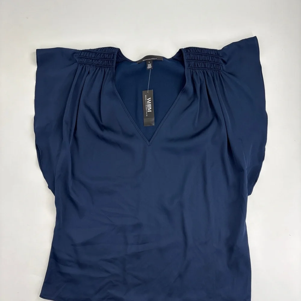 White House Black Market Navy V-Neck Blouse - Picture 4 of 6